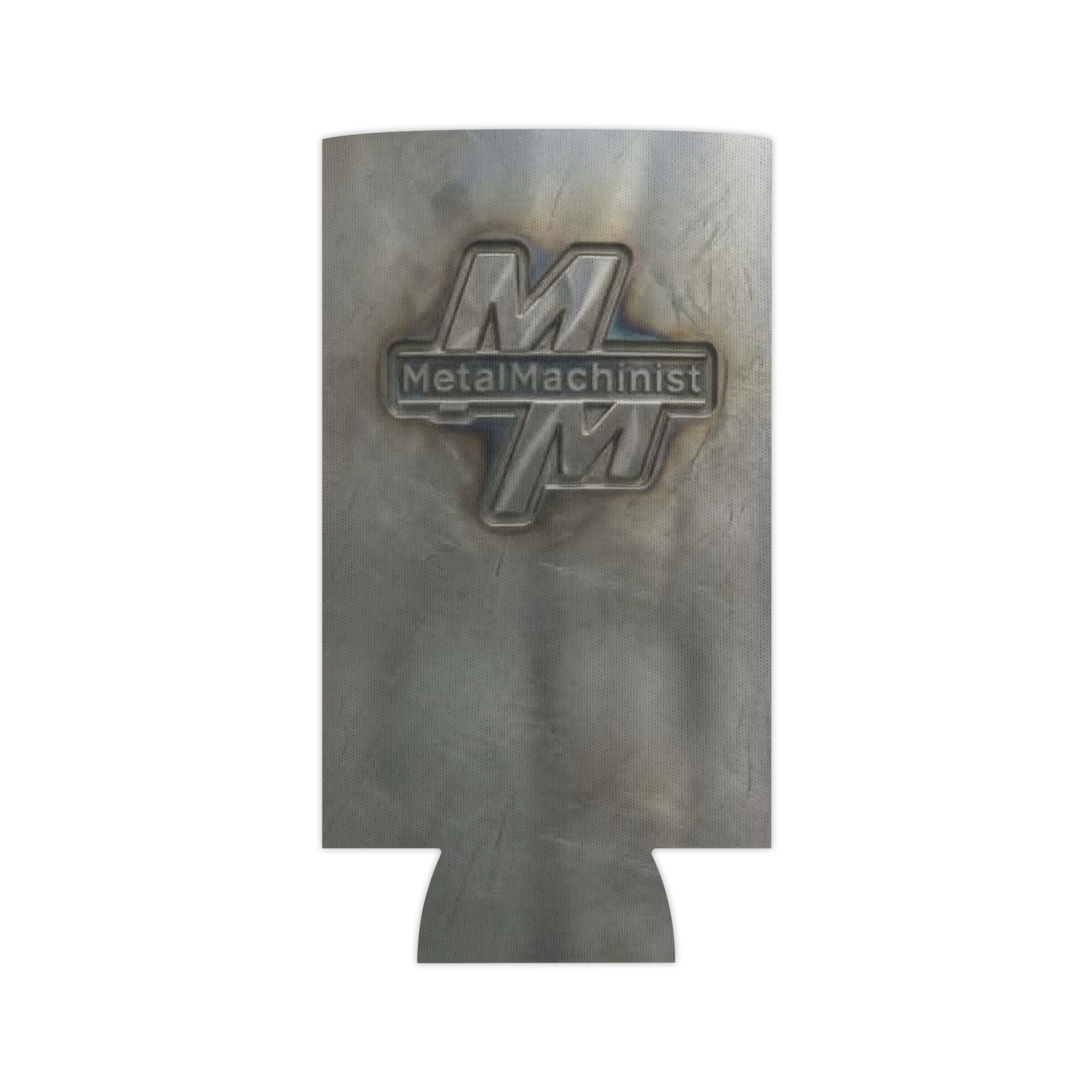 Metal Machinist Logo Can Cooler — Industrial Steel Texture Beer Koozie