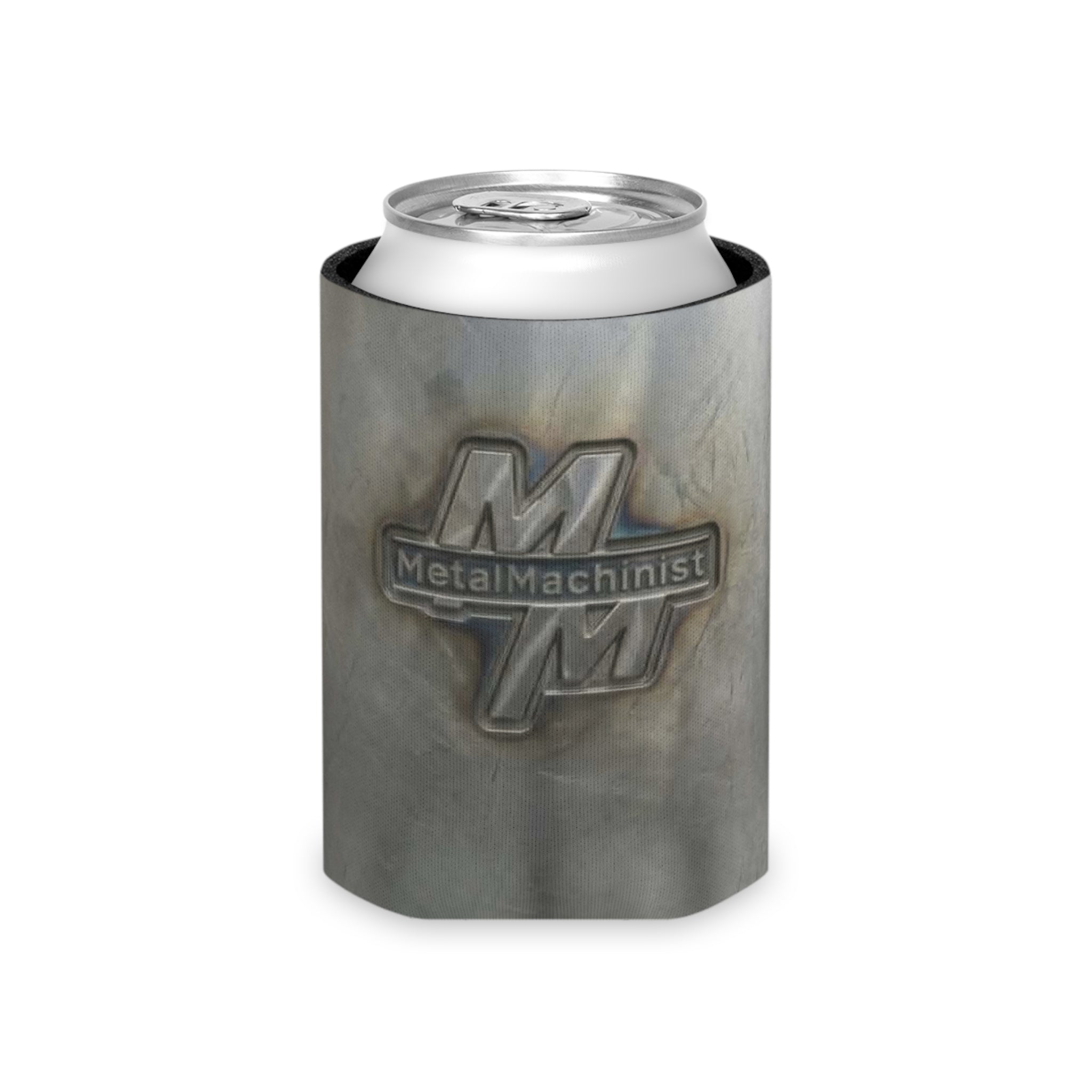 Metal Machinist Logo Can Cooler — Industrial Steel Texture Beer Koozie