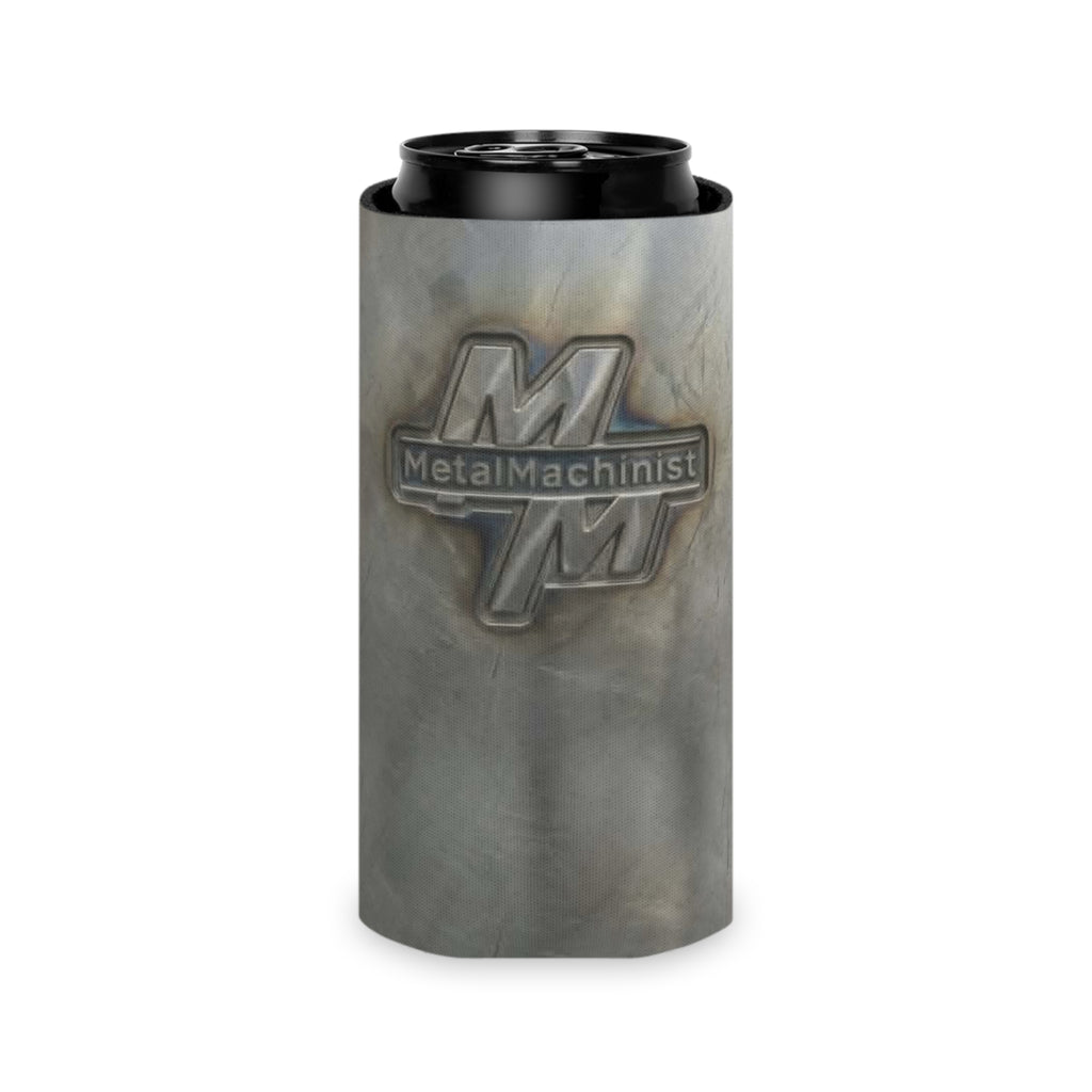 Metal Machinist Logo Can Cooler — Industrial Steel Texture Beer Koozie
