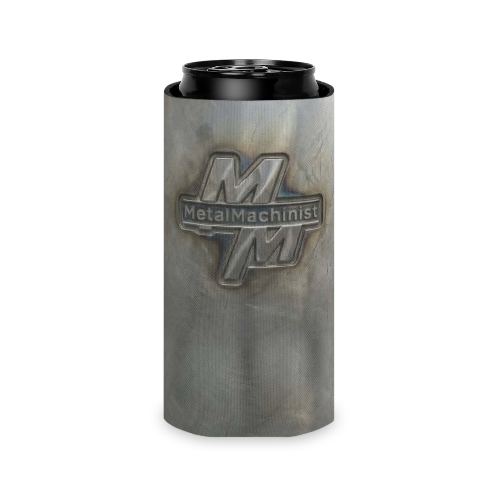 Metal Machinist Logo Can Cooler — Industrial Steel Texture Beer Koozie