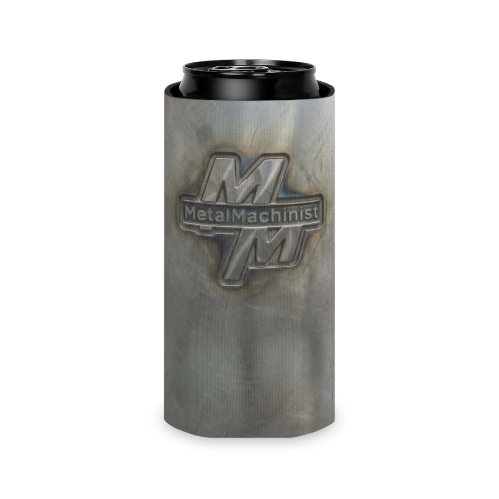 Metal Machinist Logo Can Cooler — Industrial Steel Texture Beer Koozie