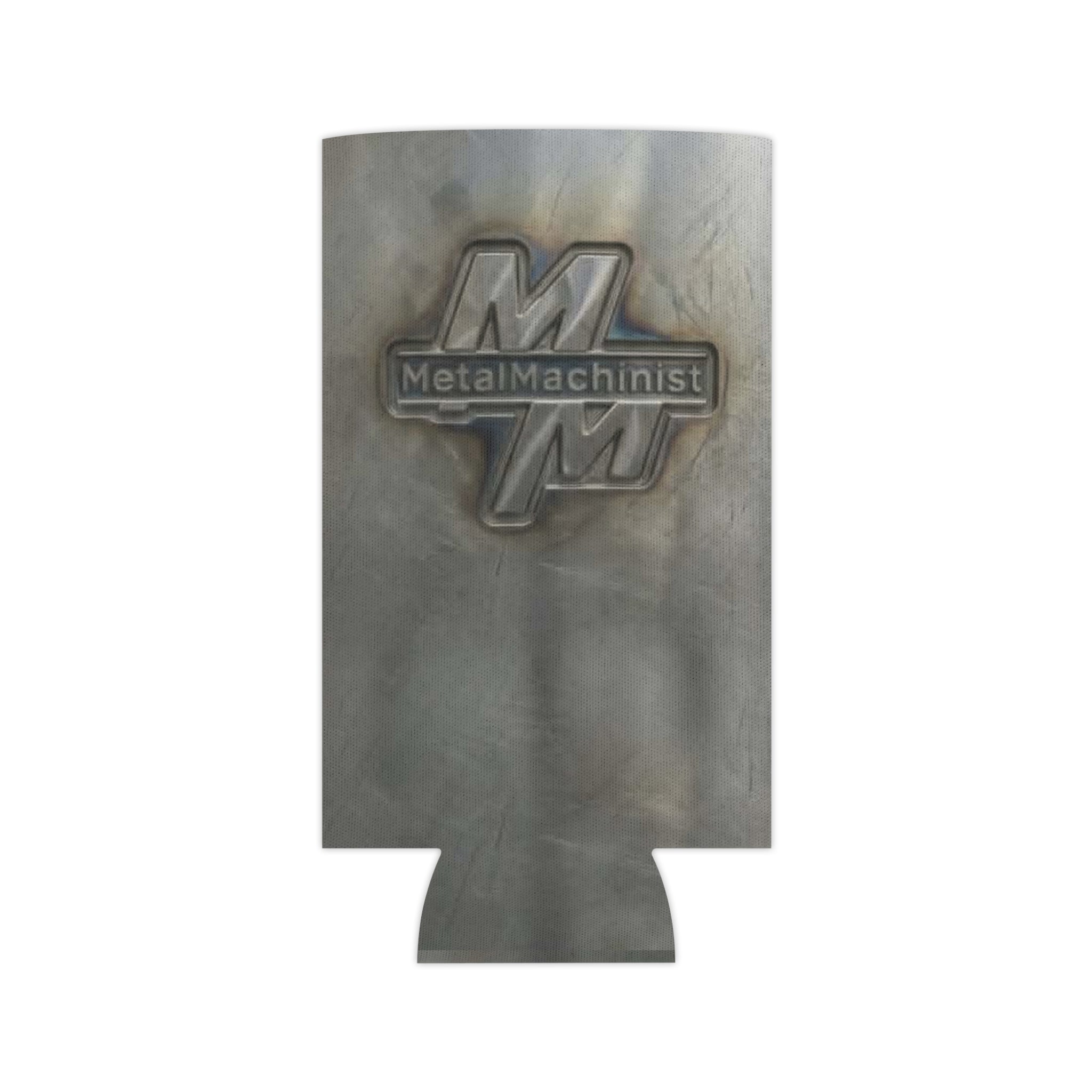 Metal Machinist Logo Can Cooler — Industrial Steel Texture Beer Koozie