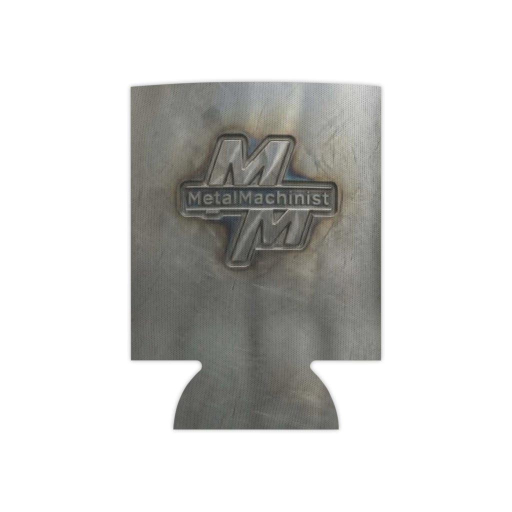 Metal Machinist Logo Can Cooler — Industrial Steel Texture Beer Koozie