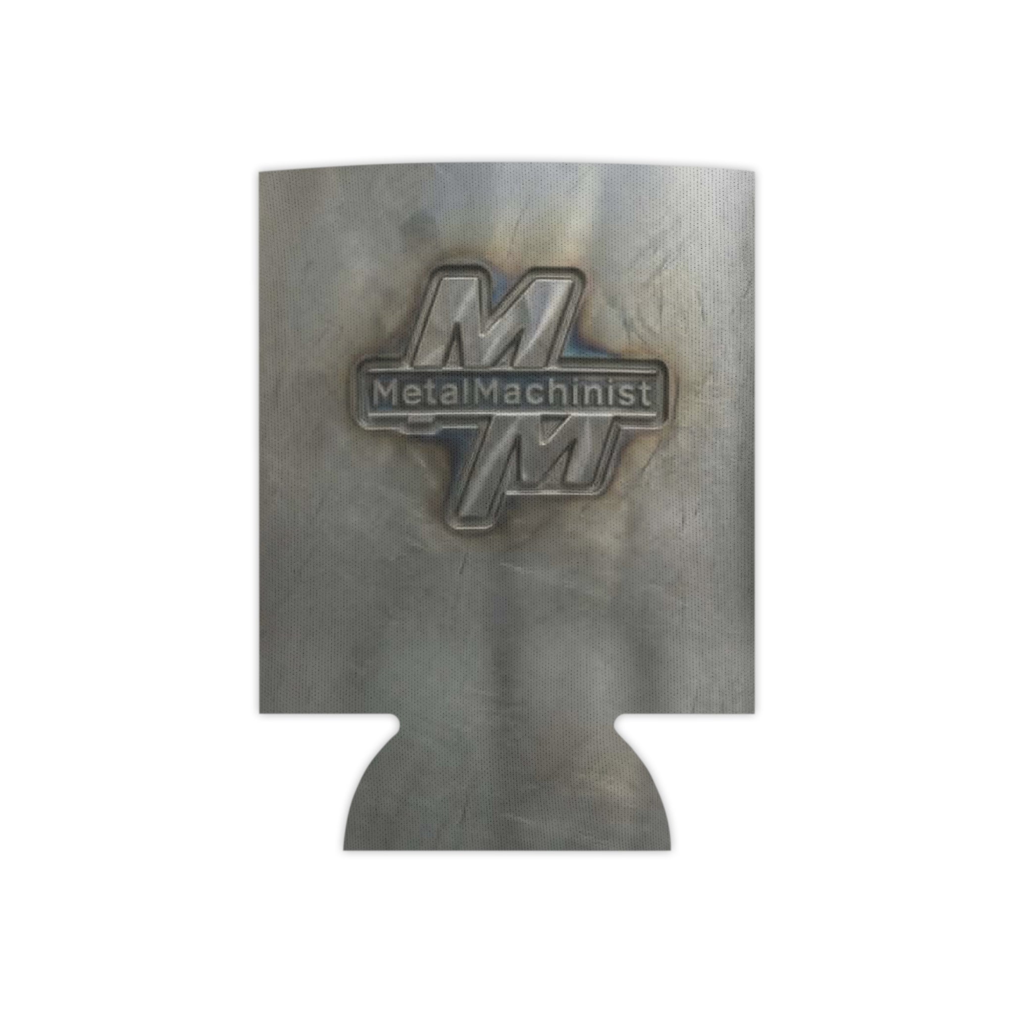 Metal Machinist Logo Can Cooler — Industrial Steel Texture Beer Koozie