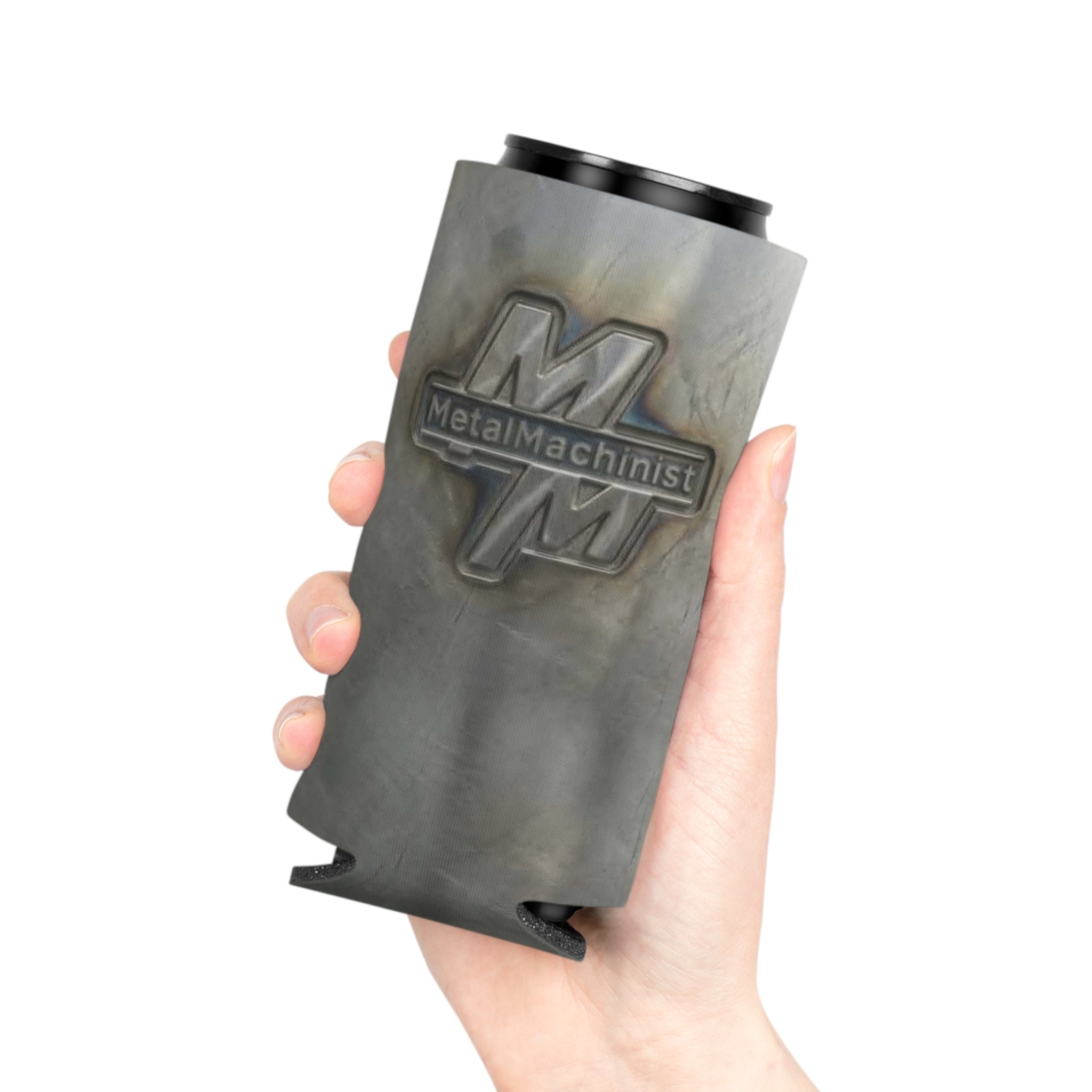 Metal Machinist Logo Can Cooler — Industrial Steel Texture Beer Koozie