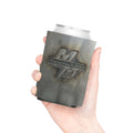 Metal Machinist Logo Can Cooler — Industrial Steel Texture Beer Koozie